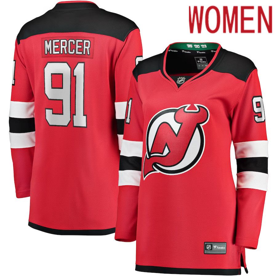 Women New Jersey Devils 91 Dawson Mercer Fanatics Branded Red Home Breakaway NHL Jersey